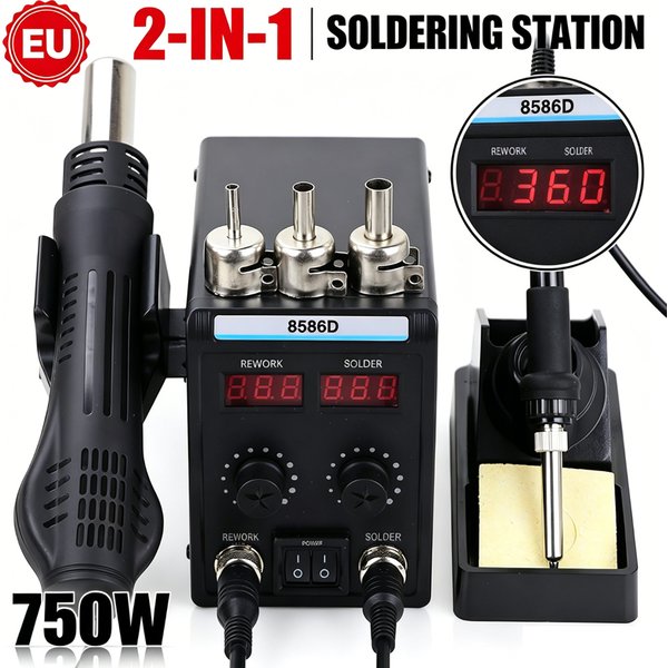 Station de soudage 2-en-1 8586D 750W avec pistolet à air chaud et fer à souder, affichage numérique, mode veille pour réparation de PCB de téléphone 220V