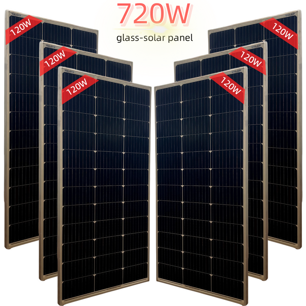 720W (120W × 6) Monokristallines Solarpanel, gehärteter Glasschutz, wasserdicht und alterungsbeständig, geeignet für verschiedene Einsatzbereiche wie Wohnmobile und landwirtschaftliche Betriebe