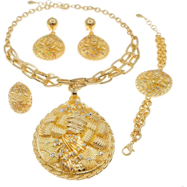 Newest Italian Golden Jewelry Set Woman Large Pendant Necklace Banquet Wedding Party Accessories Big Pendant Earrings