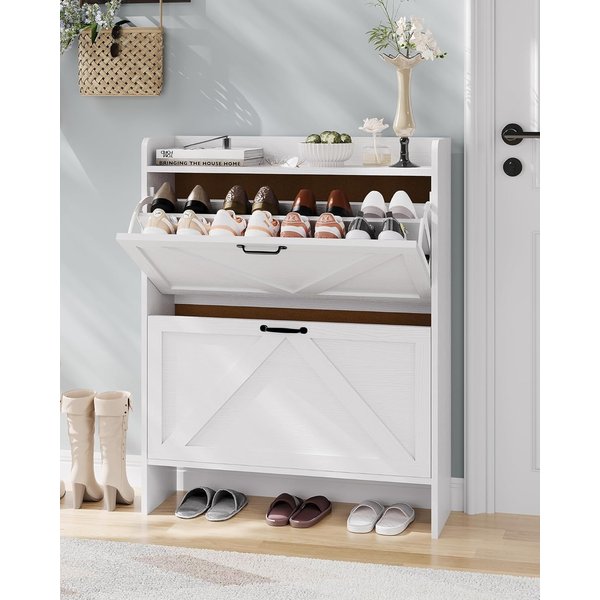 Shoe Cabinet Organizer with 2 Flip Drawers, Freestanding Narrow Shoe Rack for Entryway, Freestanding Hidden Shoe Storage Cabinet for Entryway, Hallway, Living Room, Bedroom