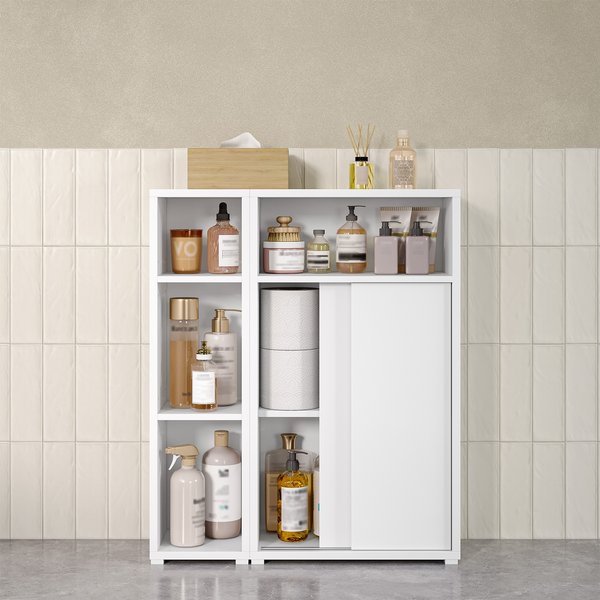 Meuble de salle de bain, meuble niche, gain de place, avec portes coulissantes, meuble de salle de bain avec compartiments ouverts, étagère réglable