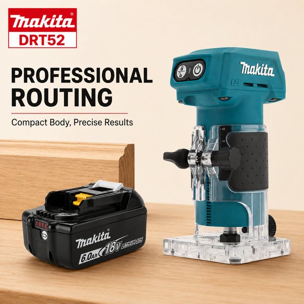 Makita DRT52 18V LXT Akku-Kompaktfräse Komfortorientiertes ergonomisches Handwerkzeug für komplexe Holzarbeiten Kantenbearbeitung, Nutenfräsen, Schlitzformung für Tischler und Heimwerker