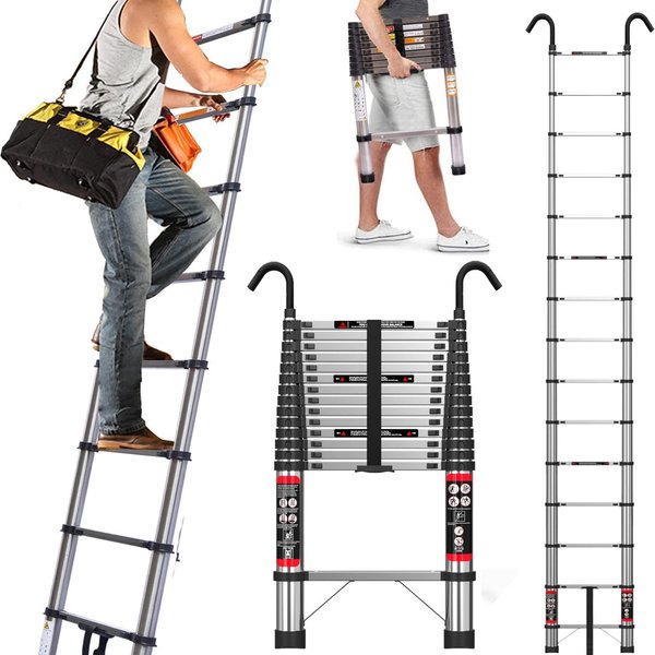 4.4m Stainless Steel Heavy Duty Foldable Telescopic Ladder with 2 Detachable Hooks and Single Ring Locking Mechanism, Max Load 330LBS, Anti-Slip Thickened Rungs, Ideal for Outdoor Maintenance,