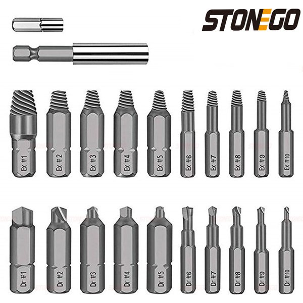 STONEGO 22-teiliges Set für beschädigte Schraubenausdreher für gebrochene Schrauben, Schnellarbeitsstahl, gebrochene Bolzenausdreher, Schraubenentferner-Sets
