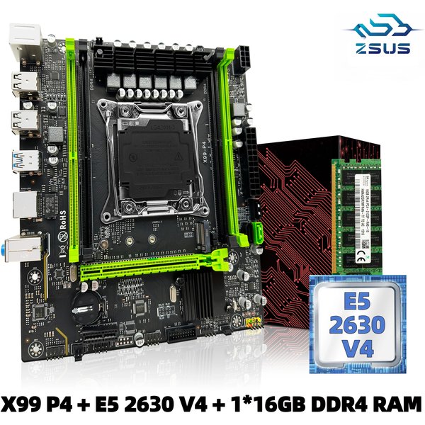 ZSUS X99 P4 Kit de carte mère avec processeur Intel LGA2011-3 Xeon E5 2630 V4 DDR4 16GB (1*16GB) 2133MHZ mémoire RAM NVME M.2 SATA