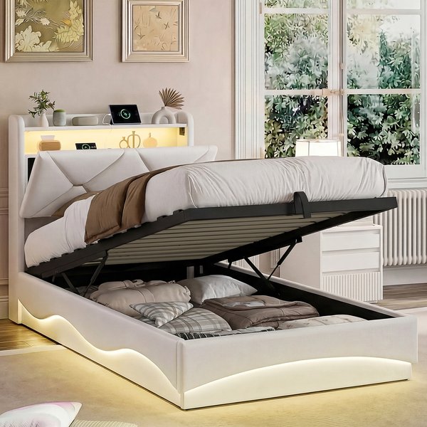 Comanlai, lit hydraulique de 90 × 200 cm, lit simple, lit de chambre à coucher, cadre de lit avec rangement, lit peu encombrant pour les petits appartements, lit avec compartiments de rangement