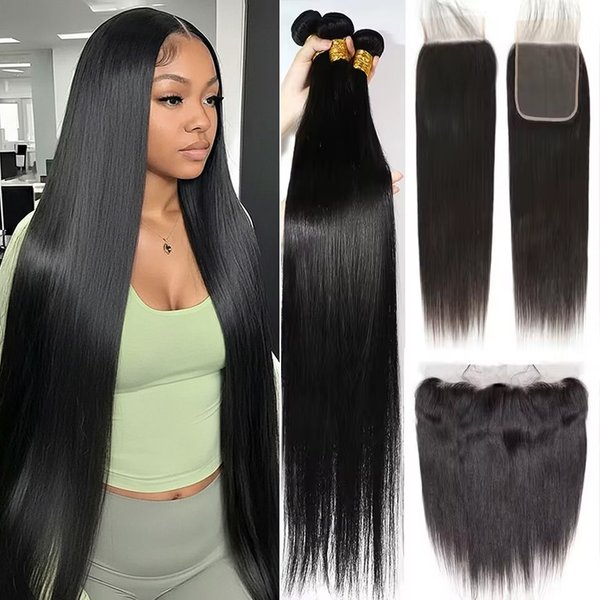Extensions de cheveux humains lisses en lots de 28, 30, 32 pouces avec frontal en dentelle 13x4, tissages brésiliens en cheveux humains avec closure 4x4, 5x5