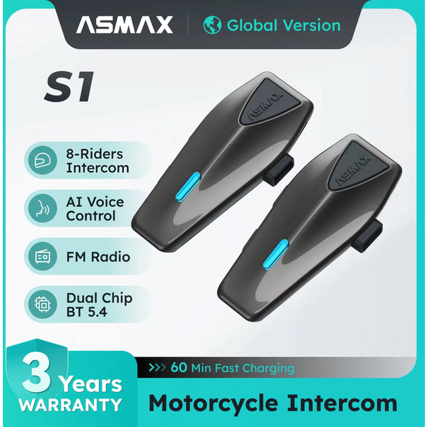 ASMAX S1 Motorrad-Intercom, CloudTalk 50-Rider Cross-Brand, Sprachsteuerung, HD-Audio, IPX7, ENC-Mikrofon & App-Konnektivität