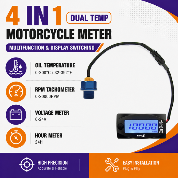 Jauge universelle 4 en 1 pour moto, affichage de la température de l'huile, du régime moteur, de la tension et de l'heure, mini compteur carré à LED pour scooter NMAX XMAX PCX, ATV, moto