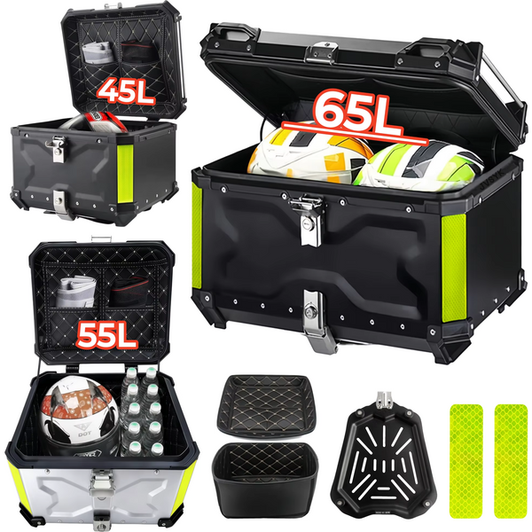 Aluminiowa skrzynia bagażowa do motocykla, pojemność 45 l, 55 l, 65 l, wodoodporna, z szybkim systemem zamknięcia, z wyściółką z ekoskóry.