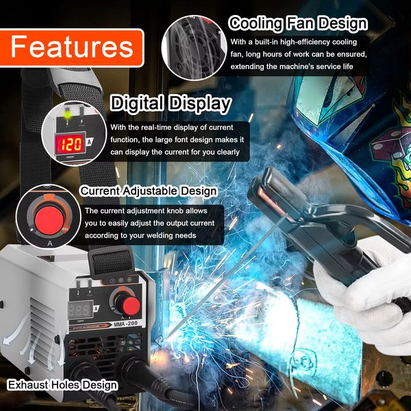 MMA-200 IGBT Inverter DC-Lichtbogenschweißgerät, 200A Elektrodenschweißgerät mit Hot-Start/Arc-Force/Anti-Stick, tragbares 220V Elektroschweißgerät für Bau, Wartung und Metallbearbeitung, 1,0-5,0mm