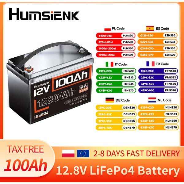Batterie LiFePo4 Humsienk 12V 100Ah, 15000+ cycles profonds, protection BMS intégrée 100A, cellules de qualité A+, stock UE, sans taxes pour camping-car, solaire, marine