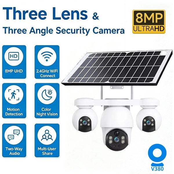8MP 3-Linsen Solar-WiFi-PTZ-Kamera für den Außenbereich, 3 Ansichtswege, Farbnachtsicht, Zwei-Wege-Audio, Bewegungserkennung, wasserdichte Sicherheitskamera