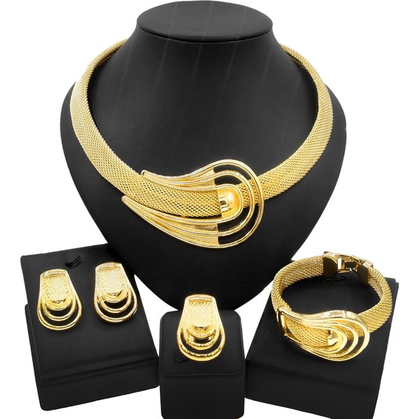 Fashion Woman Jewelry Set Round Necklace Dubai Gold Plated Earrings Bracelet Simple Style Party Banquet Jewelry