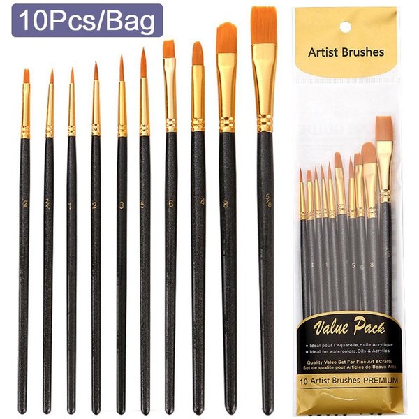 STONEGO 10 pièces/sac ensemble de pinceaux en Nylon avec poignées en bois pour aquarelle et peinture acrylique fournitures d'art et papeterie