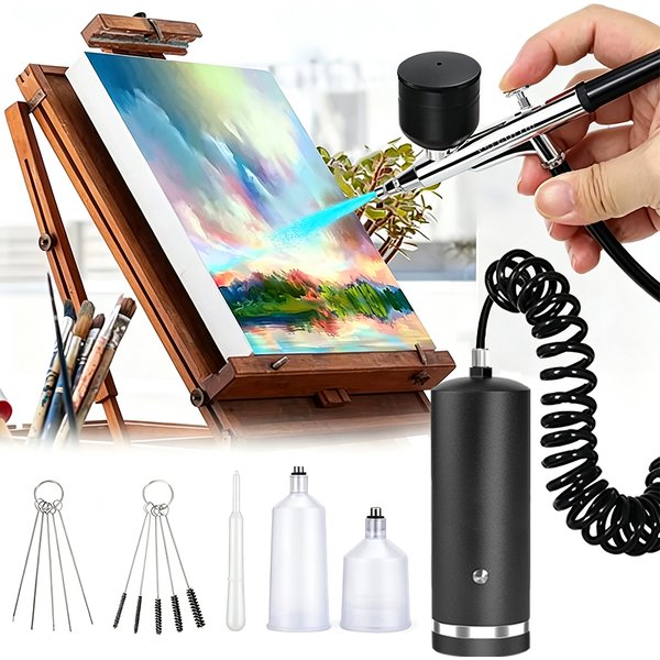 Airbrush-Set mit Kompressor, wiederaufladbarer Spritzpistole, kabelloses Airbrush-Set mit 0,3-mm-Düse zum Malen, für Nageldesign und Modellbau.