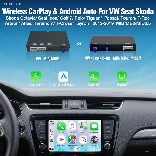 AUTOTOP Wireless Android Auto Carplay Module For Skoda Octavia Seat VW Volkswagen Golf 7 Polo Passat MIB MIB2 AirPlay