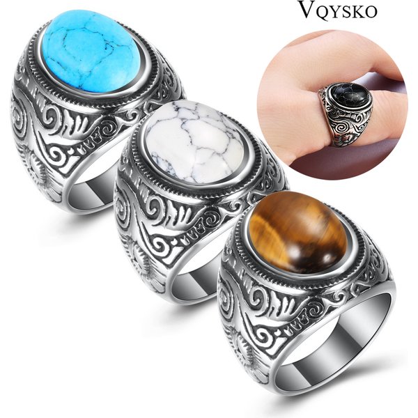 Wholesale Retro Jewelry turquoise Stone Rings For Men Titanium Steel Inlaid Three Colors Onyx Ring Men Domineering Opal Ring