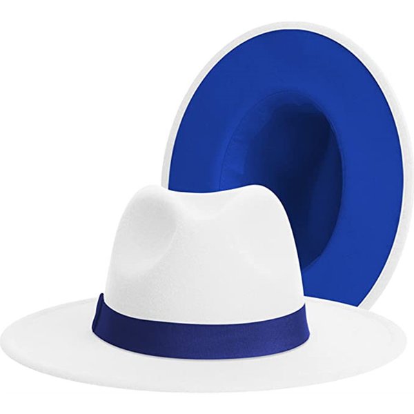 Chapeau Fedora classique à large bord, patchwork blanc à l'extérieur et bleu à l'intérieur, pour hommes et femmes, chapeau Fedora en feutre bicolore, chapeau de cowboy, chapeau de jazz, ceinture