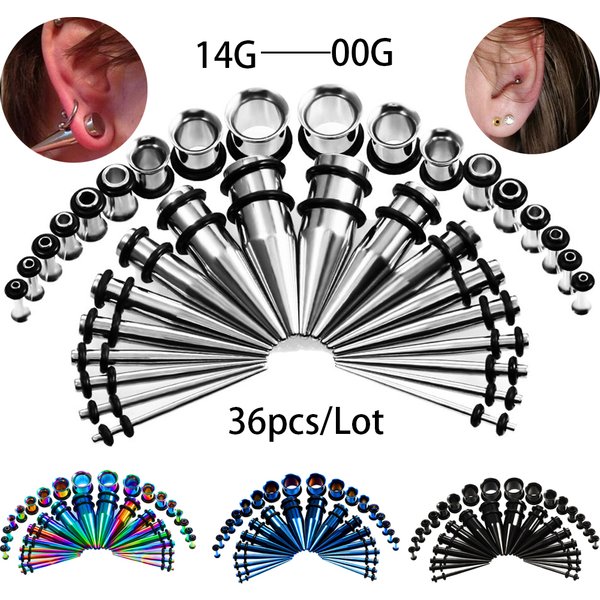 36Pcs/Lot 14G-00G Ear Gauges Stretching Kit Tapers Plugs Eyelets Stainless Steel Tapers and Plugs Expander Set Body Piercings