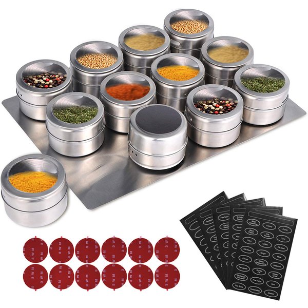 LMETJMA Magnetische Gewürz Gläser Mit Wand Montiert Rack Edelstahl Gewürz Dosen Gewürz Gewürz Behälter Mit Spice Label KC0305