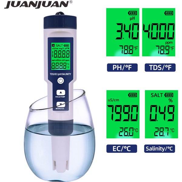 5-IN-1 PH-Temperatur-TDS EC-Salzgehaltmessgerät, digital, wasserdicht, mit automatischer Kalibrierungsfunktion, Wasserqualität, PH-Tester