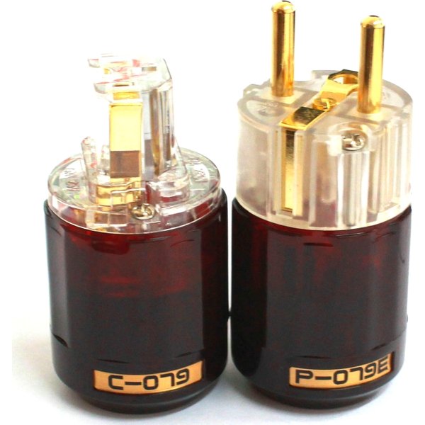 HiFi Oyaide C-079 P-079E wtyczka Schuko Europe EU, pozłacana 24-karatowym złotem, złącze audio IEC, żeńskie-męskie, przezroczyste.