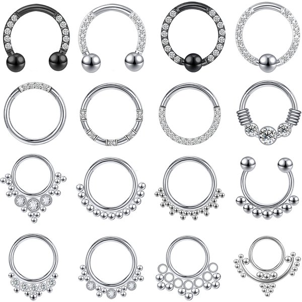 ZS – anneau de nez en zircone pour femmes, 16G, en acier inoxydable, Septum industriel, couleur noire, Piercing, boucle d'oreille Helix, bijoux pour le corps