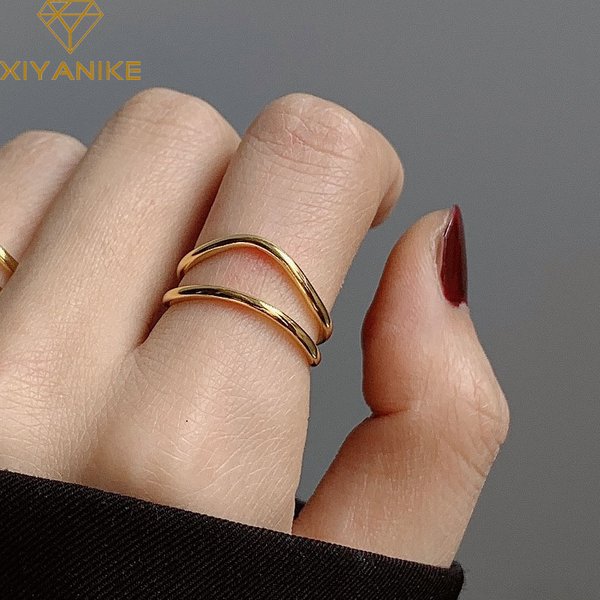 XIYANIKE Silver Color Charm Rings for Women Couples New Fashion Gold Plated Double-layered Curve Party Jewelry Gifts