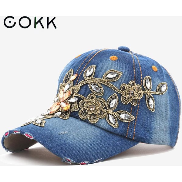 COKK Women's Baseball Cap Diamond Painting Embroidery Flower Denim Snapback Hats Jeans Woman Female Cap Cowboy Summer Sun Hat