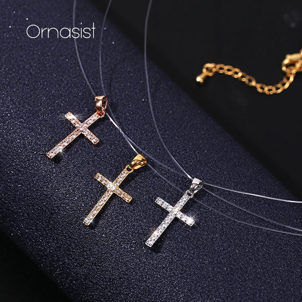 Collier pendentif croix classique, simple, avec fil de pêche transparent invisible, pour femme, collier ras du cou en zircon tendance