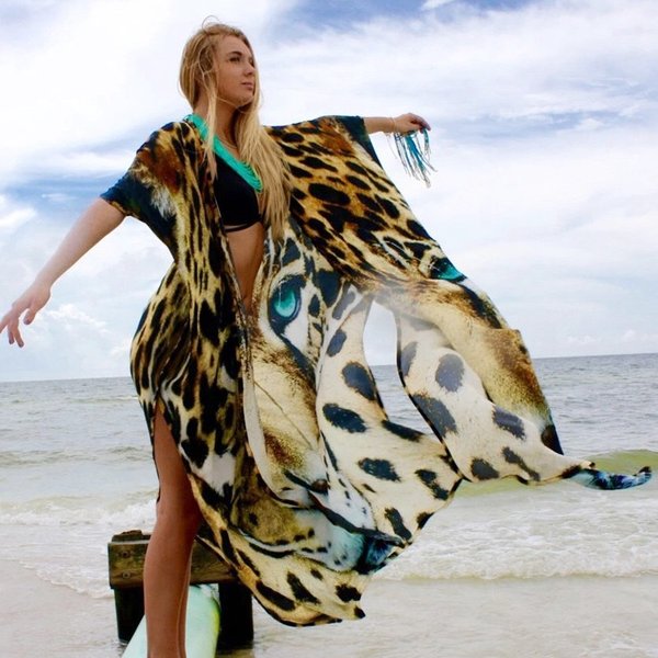 Bikini Cover-ups Sexy Tiger Pattern Print Kimono Robe Plage Swimsuit Cover up Boho Loose Long Dress