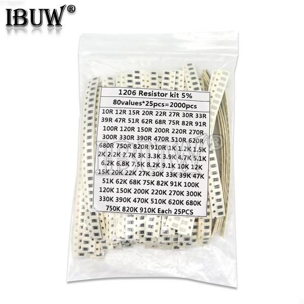 2000PCS 10 ohm-910K ohm 1206 SMD Resistor Kit Assorted set 5% 80values*25PCS SMD Resistors 10K 470/100/680 ohm resistance pack