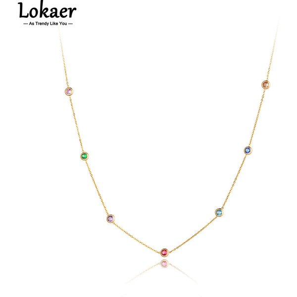 Lokaer Trendy Titanium Stainless Steel Colorful CZ Crystal Choker Necklace Bohemia Beach Pendant Chain Jewelry For Women N21196