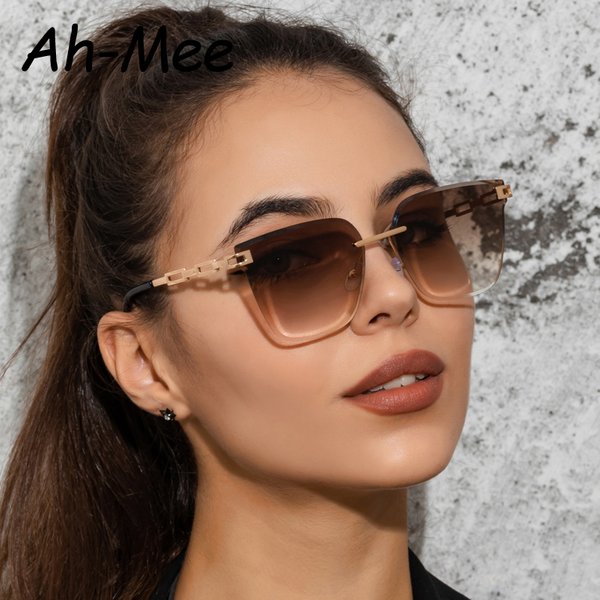Neue Sonnenbrille Frauen Randlose Cat Eye Brillen Farbverlauf Braun Schneiden Objektiv Sonnenbrille Für Weibliche Legierung Brillen Marke Designer