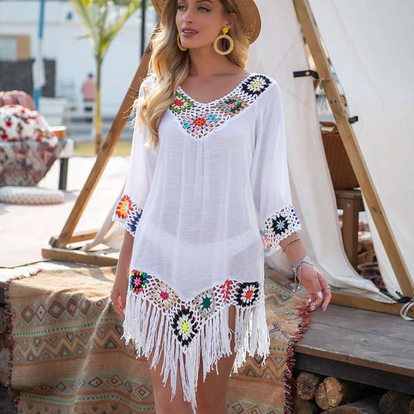 CROCHET BIKINI blanc Bikini couvrir avec frange garniture femmes Sexy creux tunique robe de plage été maillot de bain maillots de bain