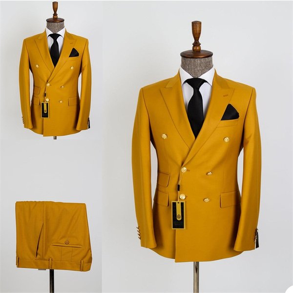 Allingentle Men's Gold Metal Double Button Formal Coat and Pant Suits High Quality Handsome Spring Wedding Sets 2 Pcs Customized