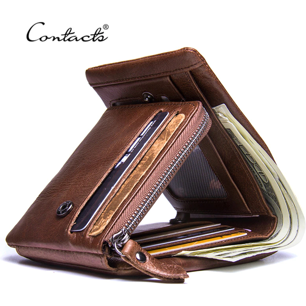 CONTACT'S Genuine Crazy Horse Leather Men Wallets Vintage Trifold Wallet Zip Coin Pocket Purse Cowhide Leather Wallet For Mens