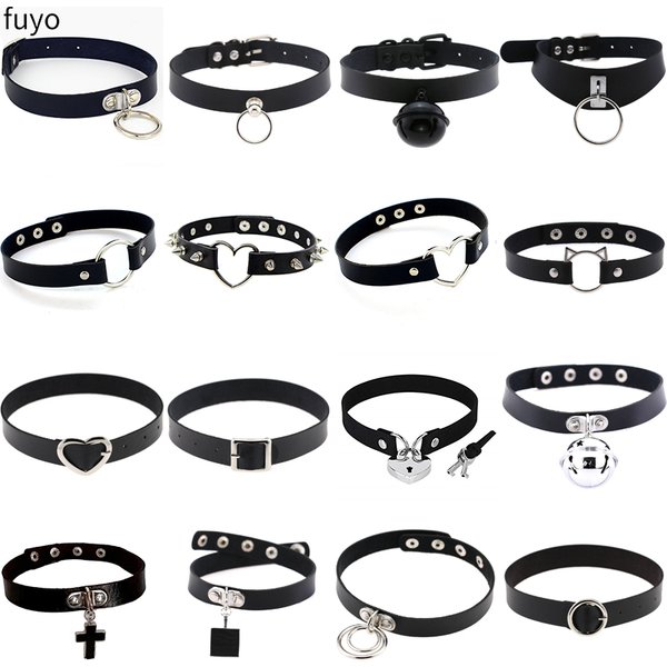 Goth Black Lock Chain PU Leather Choker Necklace Women Heart Necklace Punk Pendant Jewelry Collier Party Grunge Accessories Gift