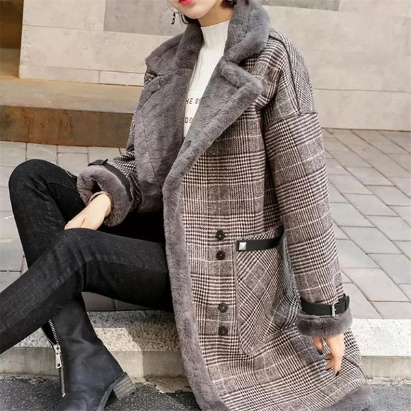 Veste en laine à carreaux en fourrure de lapin pour femme, manteau en peluche tout-en-un pour femme, veste mi-longue, plus velours optique, laine d'agneau chaude, hiver, A923