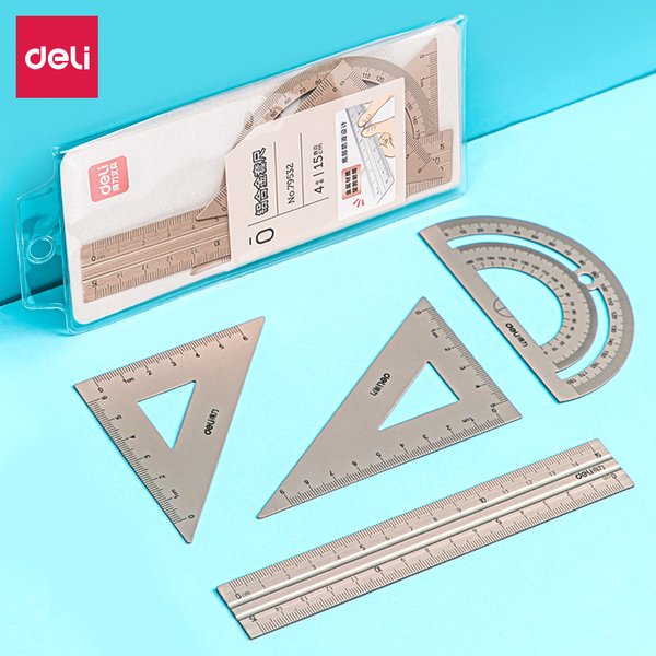 DELI Aluminium-Zeichenset, 4-teiliges Lineal-Set für die Schule, gerades Lineal, dreieckiger Winkelmesser, Schreibwaren