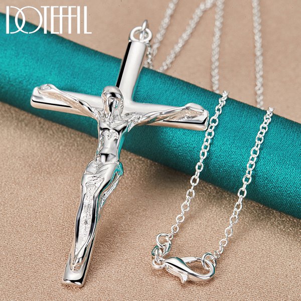 DOTEFFIL Silver Color Jesus Cross Pendant Necklace 16/18/20/22/24/26/30 Inch Chain For Woman Man Charm Wedding Jewelry