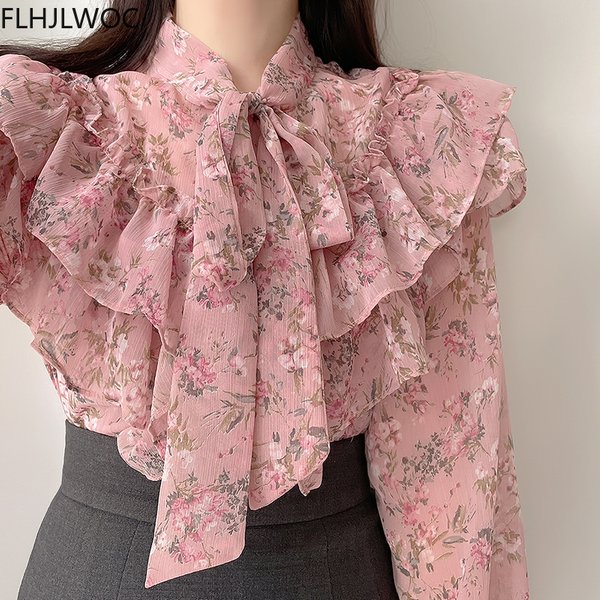Vintage Solide Shirts Langarm Einreiher Taste Nette Süße Fliege Frauen Korea Japan Stil Rüschen Chic Rosa Tops blusas