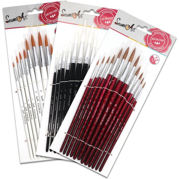 SeamiArt-Ensemble de pinceaux de différentes tailles pour artiste, pointe ronde, poils en nylon, bois, brosse d'interconnexion à la main, fournitures de peinture, 12 pièces