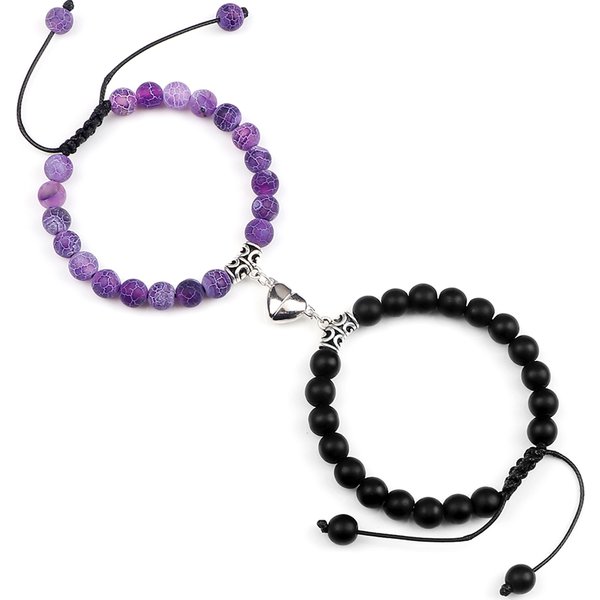 Bracelets de distance pour couple tendance, lot de 2, perles en pierre naturelle, bracelet tressé, aimant cœur pour amoureux, bracelet ajustable, bijoux pour amis