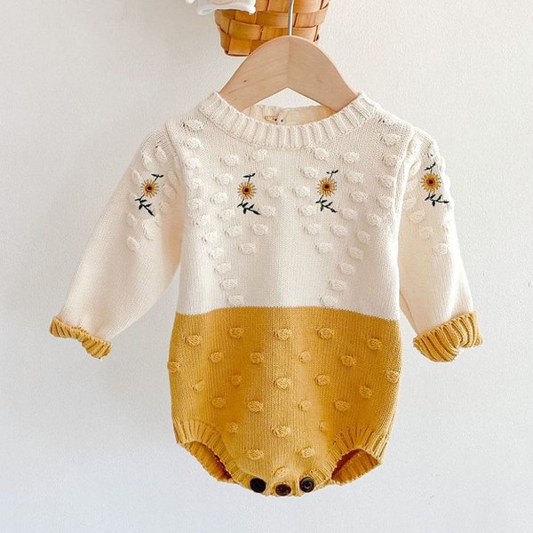 Printemps bébé fille barboteuses fille manches longues tricot tournesol broder barboteuses automne bébé fille nouveau-né barboteuses vêtements