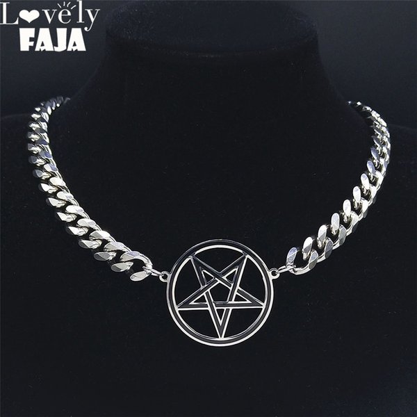 Collier Pentacle Inversé Punk pour Hommes, Chaîne Cubaine en Acier Inoxydable, Bijoux Satan