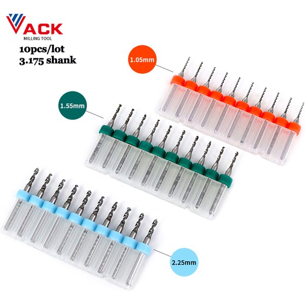 Forets PCB en carbure à tige 3.175, pour Circuit imprimé, Mini jeu de forets CNC, Micro fraise à graver 1mm 2mm, 10 pièces/lot
