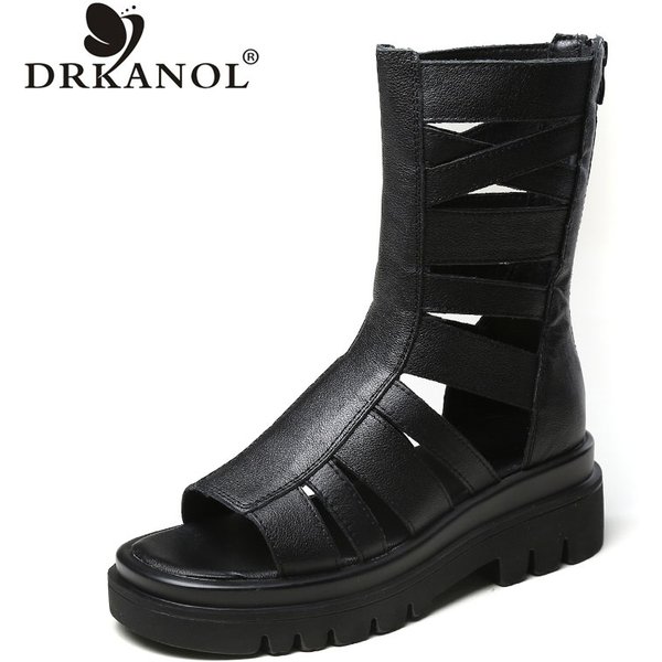 DRKANOL Brand 2026 Women Sandals Open Toe Genuine Leather Back Zipper Wedges Platform Gladiator Sandals Women Summer Cool Boots