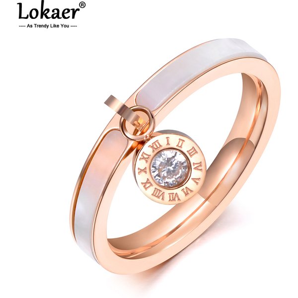 Lokaer à la mode plaqué or Rose CZ cristal strass titane acier blanc coquille anneaux de mariage pour les femmes cadeaux de fiançailles R19064